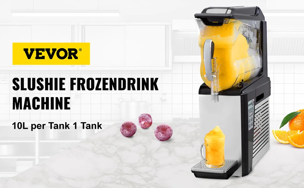 Máquina de granizados VEVOR que muestra un tanque de 10 l con un granizado de color naranja en una cocina moderna.