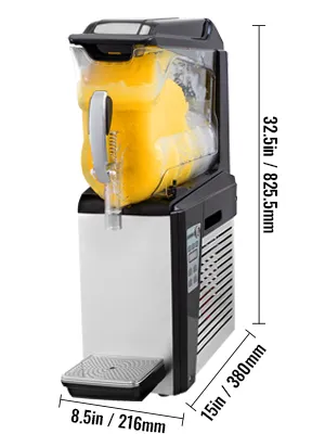 Máquina de granizados VEVOR con granizado de naranja, dimensiones mostradas como 32,5 pulgadas x 15 pulgadas x 8,5 pulgadas.