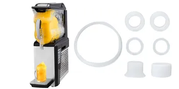 Máquina de granizados VEVOR con granizados de mango y varios accesorios de anillo blanco en exhibición.