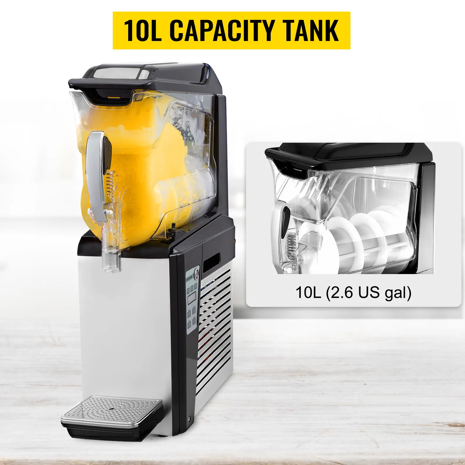 Máquina de granizados VEVOR con depósito de 10l de capacidad y panel de control.