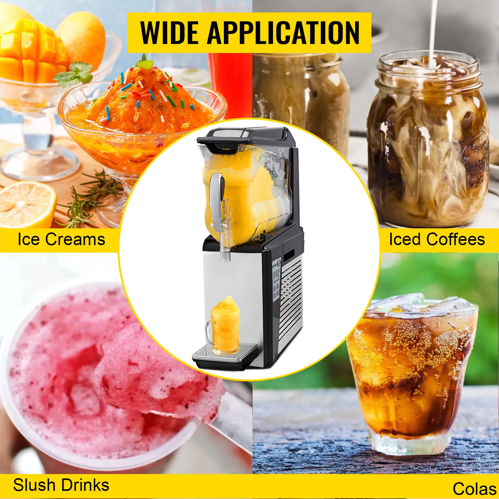 Máquina de granizados VEVOR que sirve helados, cafés helados, colas y bebidas granizadas. Amplia aplicación.