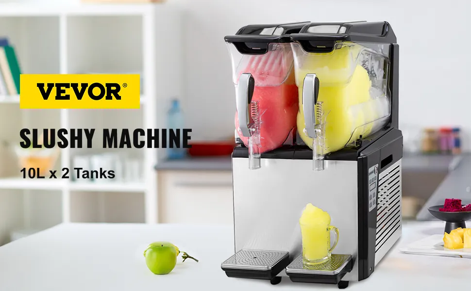 VEVOR slushy machine with 10l x 2 tanks, dispensing red and yellow slush.