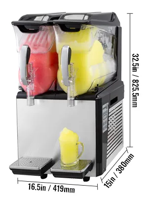 VEVOR slushy machine with dual tanks, slushy drinks, and dimensions marked.