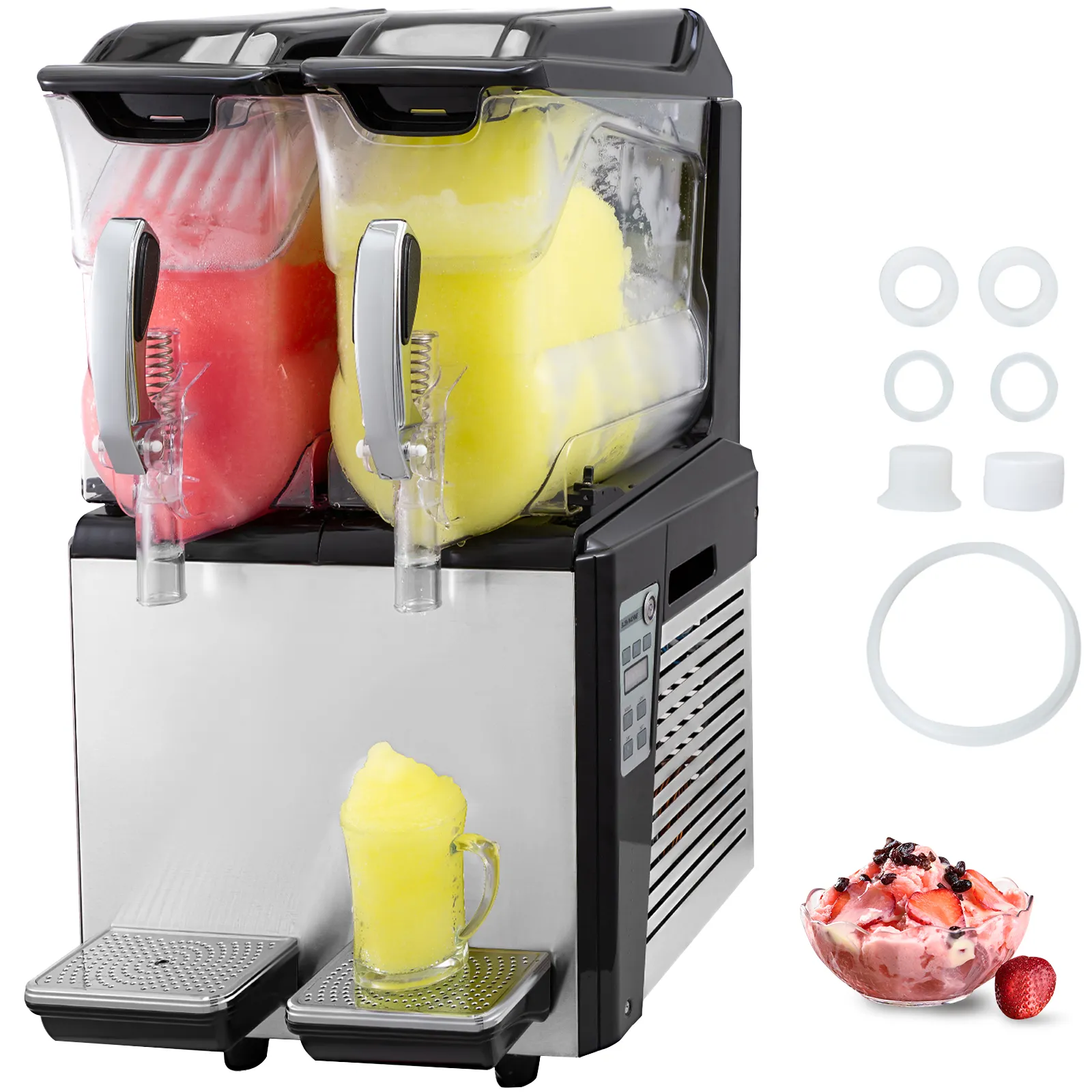 VEVOR slushy machine with dual tanks, red and yellow slush, and various accessories displayed.