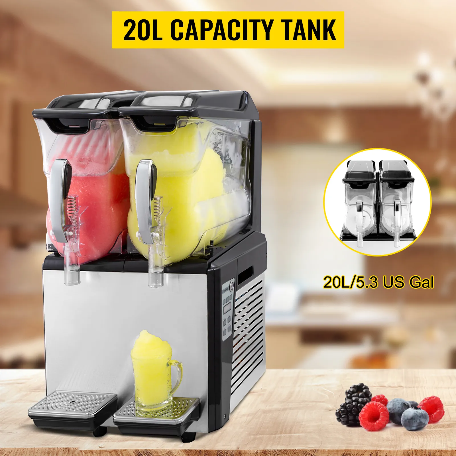VEVOR slushy machine with 20l capacity, dual tanks for red and yellow slushies.