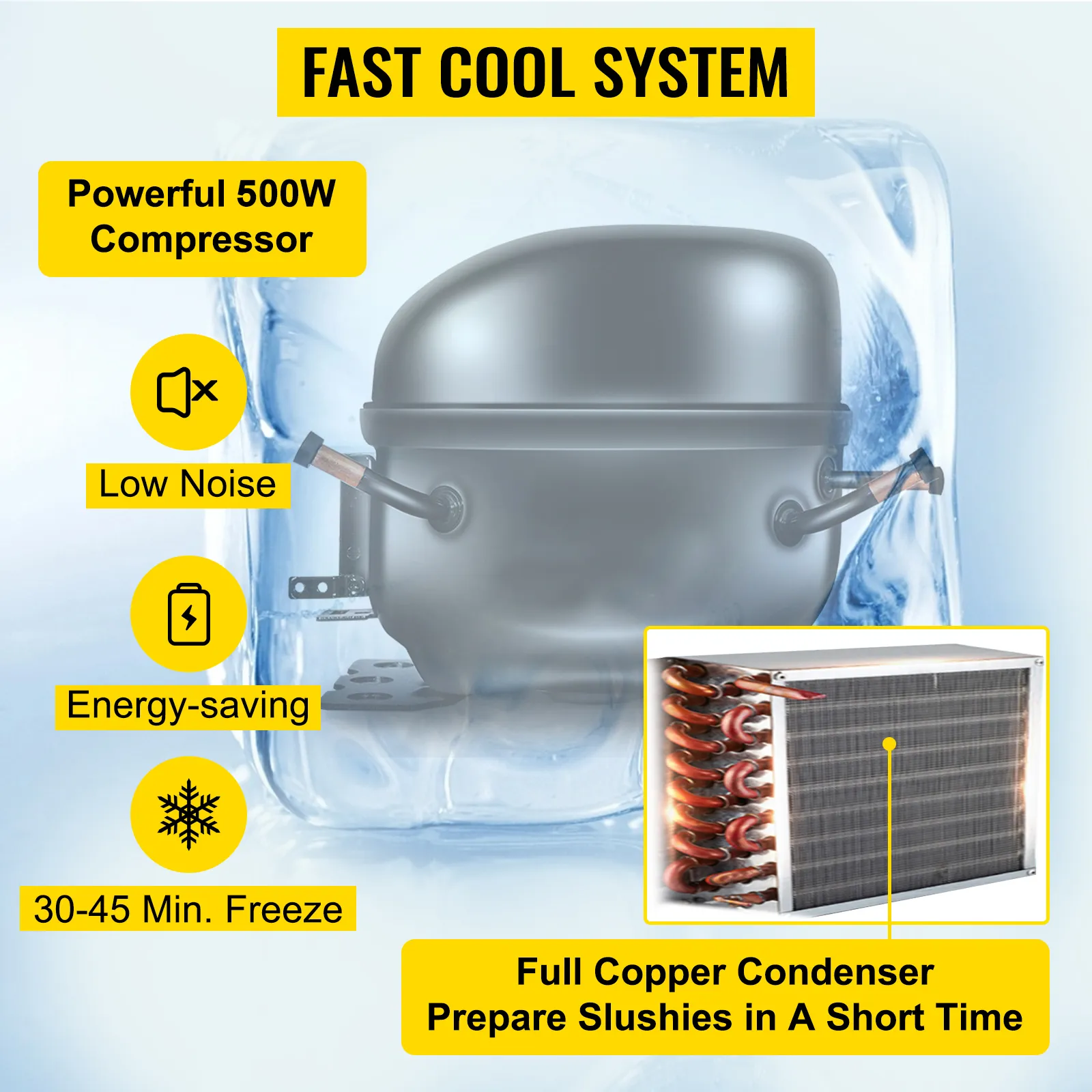powerful 500w compressor of VEVOR slushy machine with low noise and energy-saving features.
