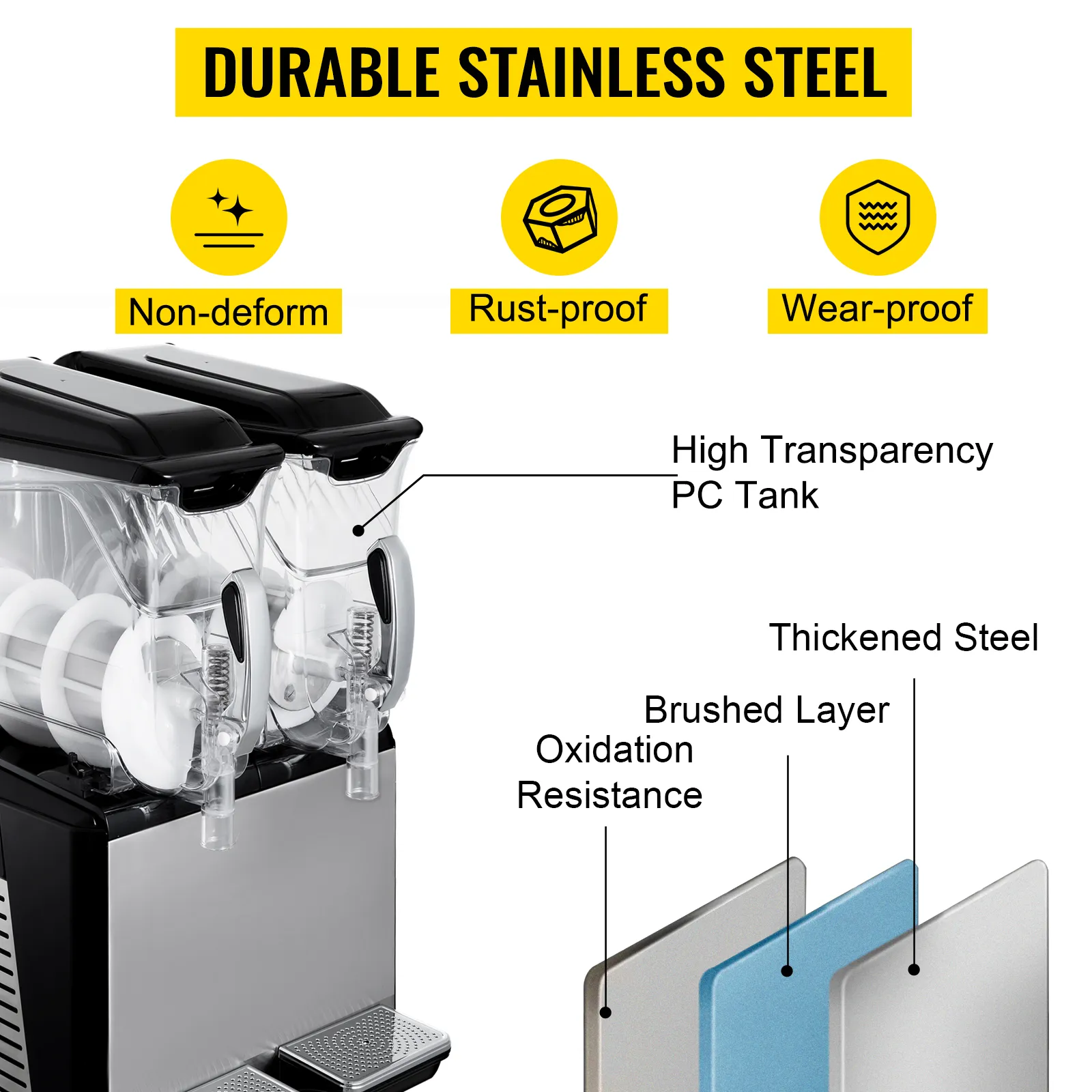 VEVOR slushy machine with durable stainless steel, high transparency pc tank, rust-proof.