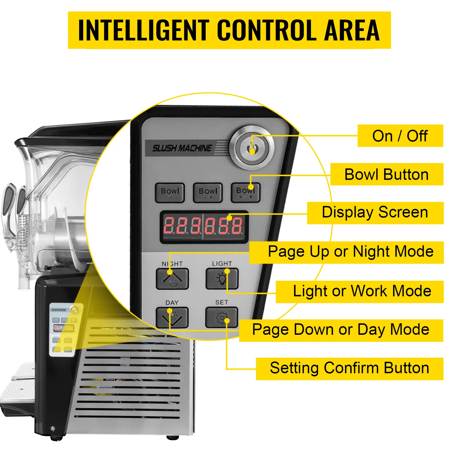 VEVOR slushy machine control area with labeled buttons and display screen.