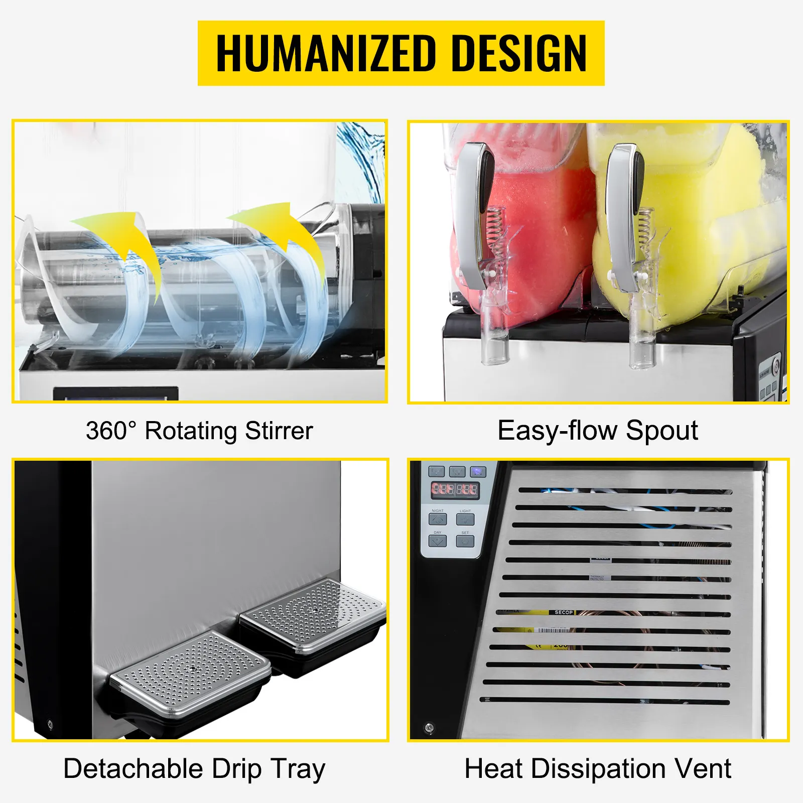 VEVOR slushy machine featuring a 360° rotating stirrer, easy-flow spout, detachable drip tray, and heat dissipation vent.