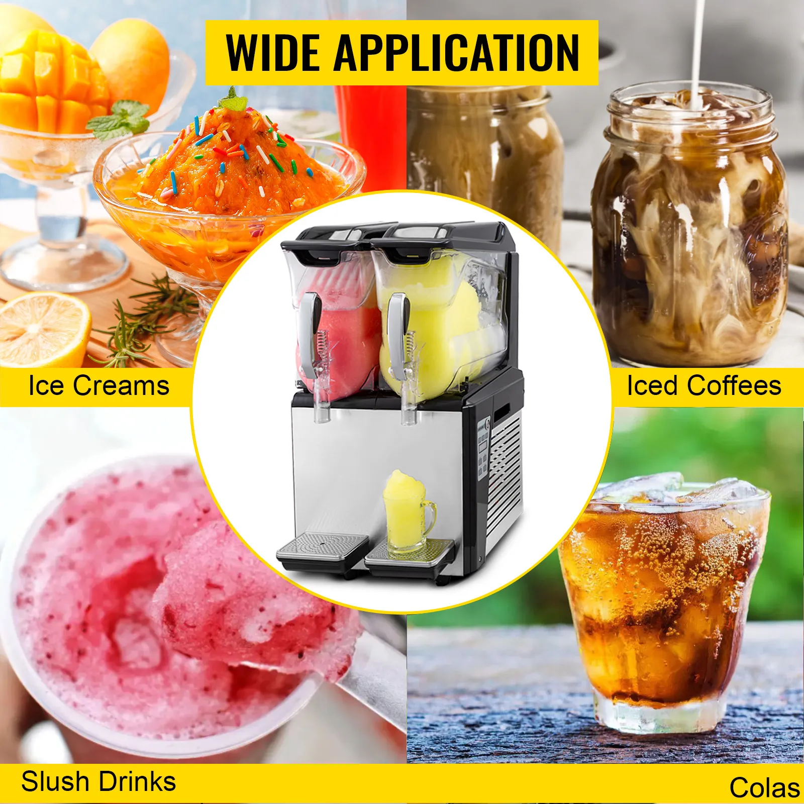 VEVOR slushy machine: wide application for ice creams, iced coffees, slush drinks, and colas.