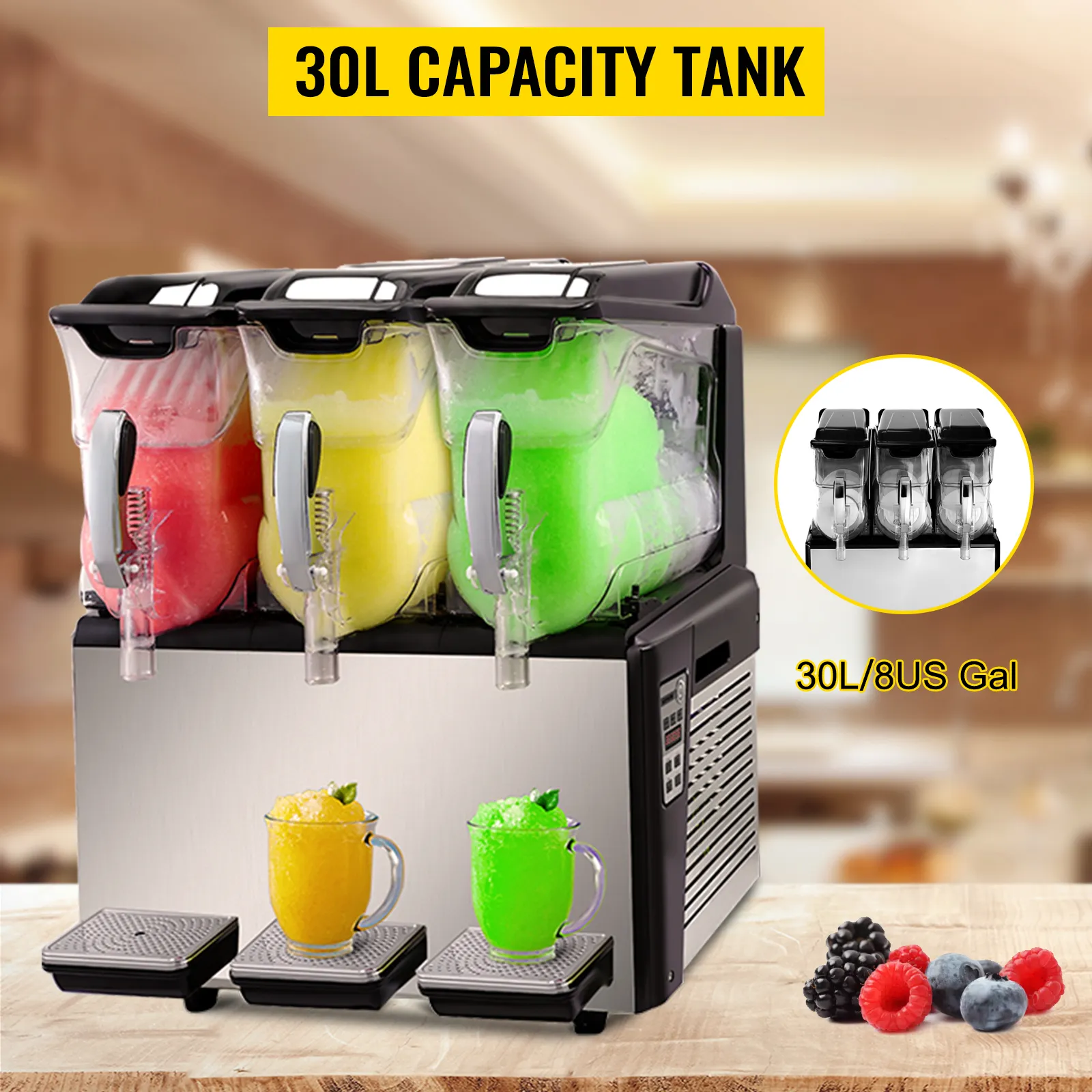 VEVOR 110V Slushy Machine 30L Triple Bowl Margarita Frozen Drink Maker 800W Automatic Clean Day and Night Modes for Supermarkets Cafes Restaurants Snack Bars Commercial Use