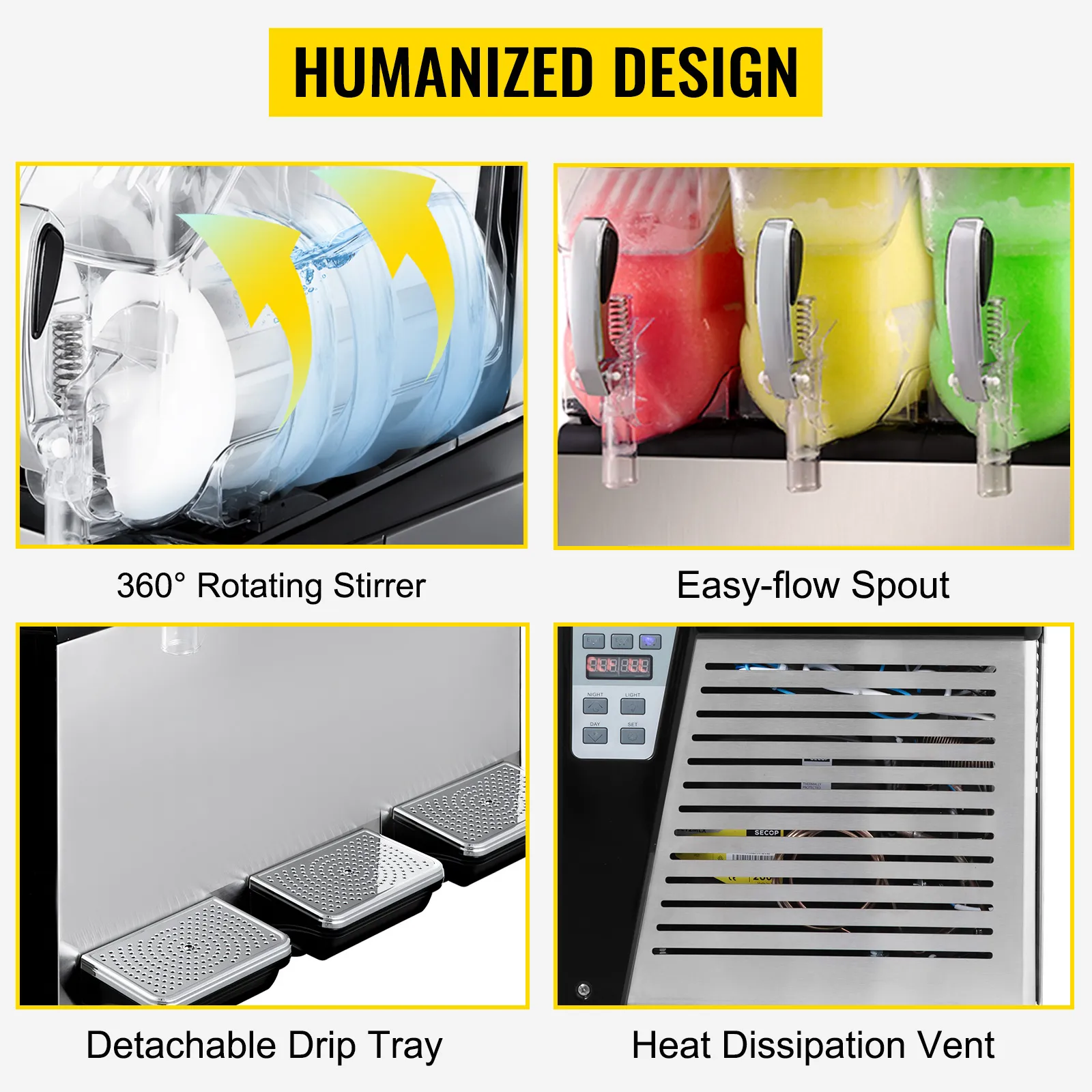 La máquina de granizados VEVOR cuenta con un agitador giratorio de 360°, un pico de flujo fácil, una bandeja de goteo desmontable y un respiradero de disipación de calor.