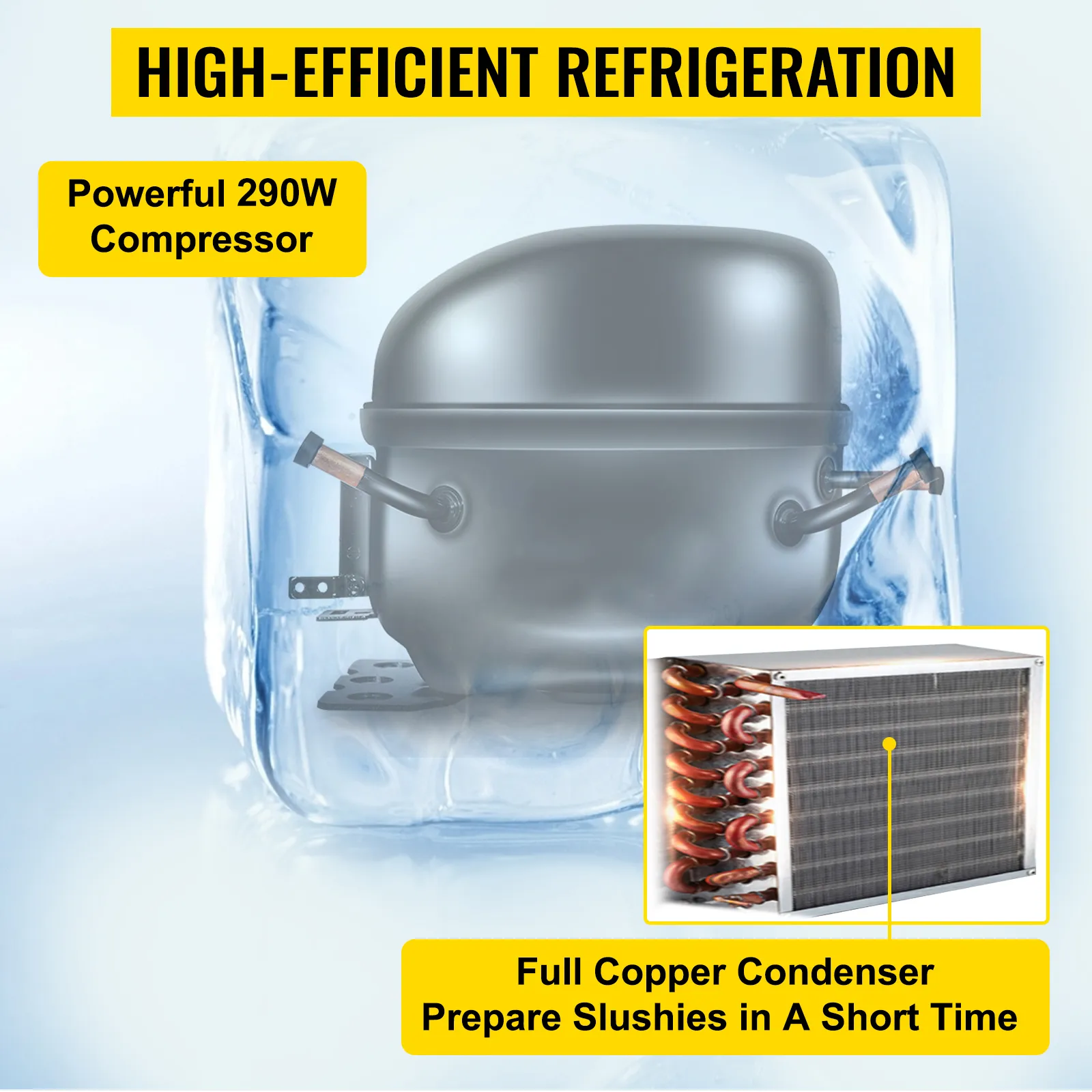 Máquina de granizados VEVOR con potente compresor de 290w y condensador de cobre completo.