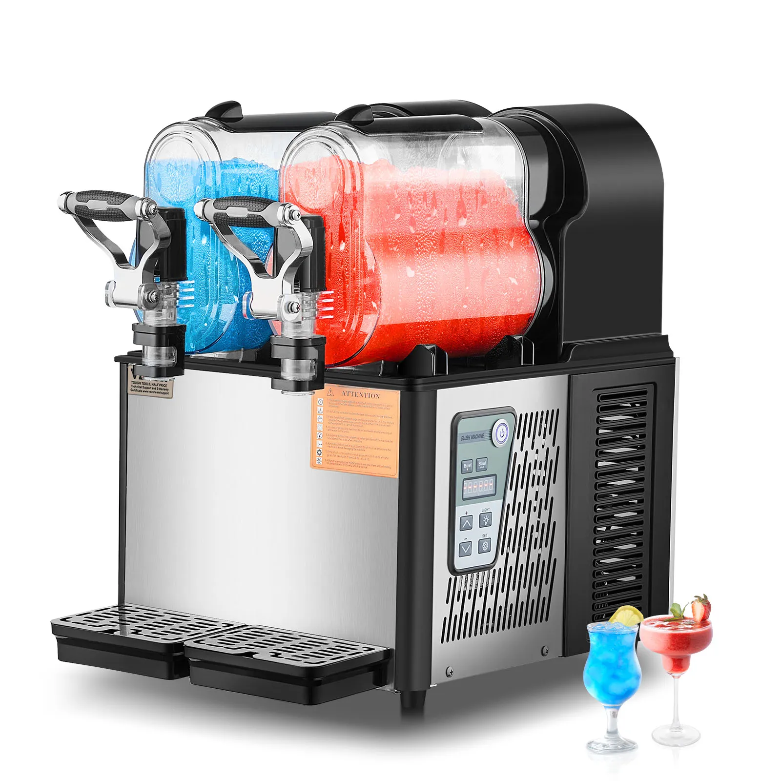 Máquina de granizados comercial VEVOR con dos tanques de granizado naranja y rosa, vasos debajo.