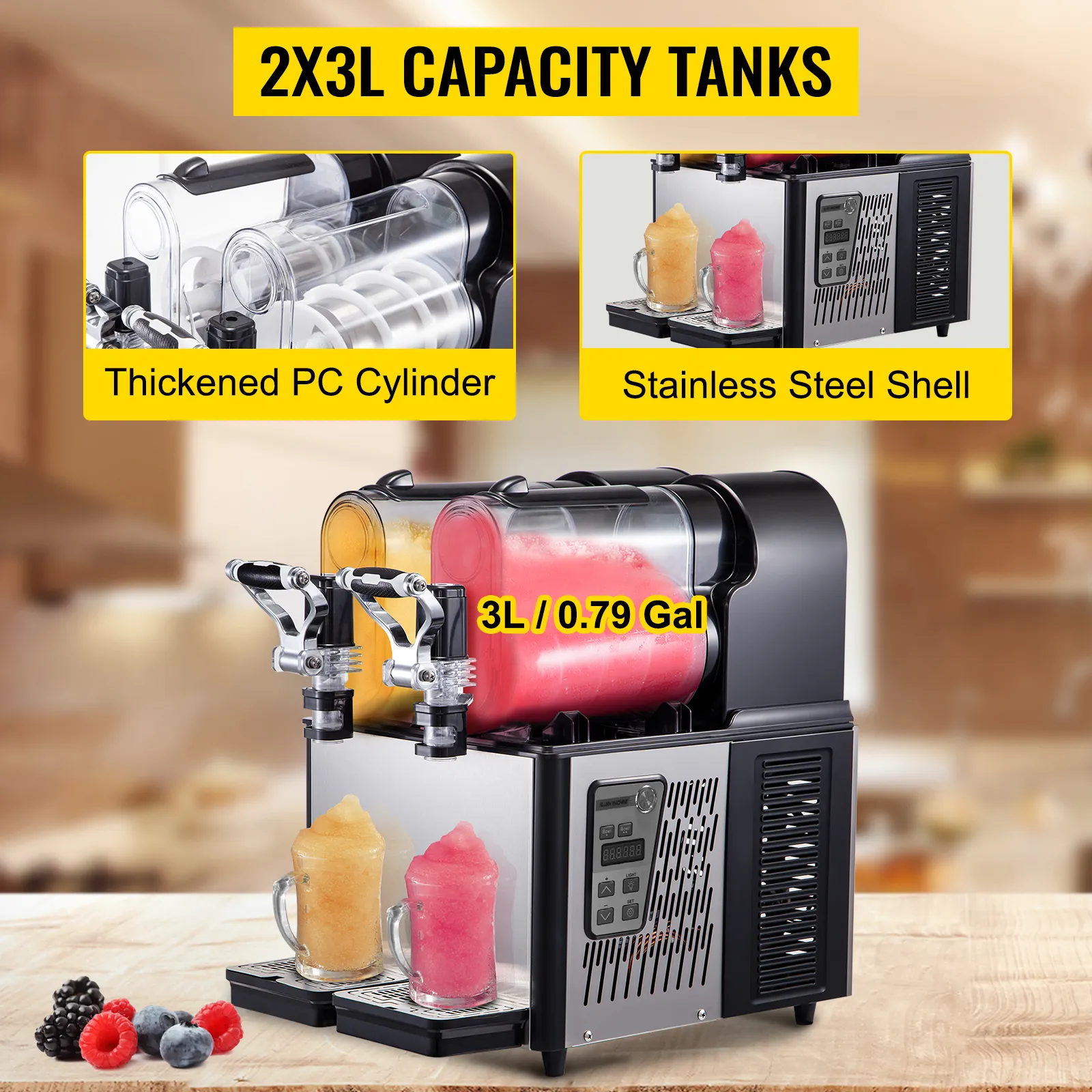 Máquina de granizados comercial VEVOR con tanques de capacidad 2x3l, carcasa de acero, cilindro de pc engrosado.