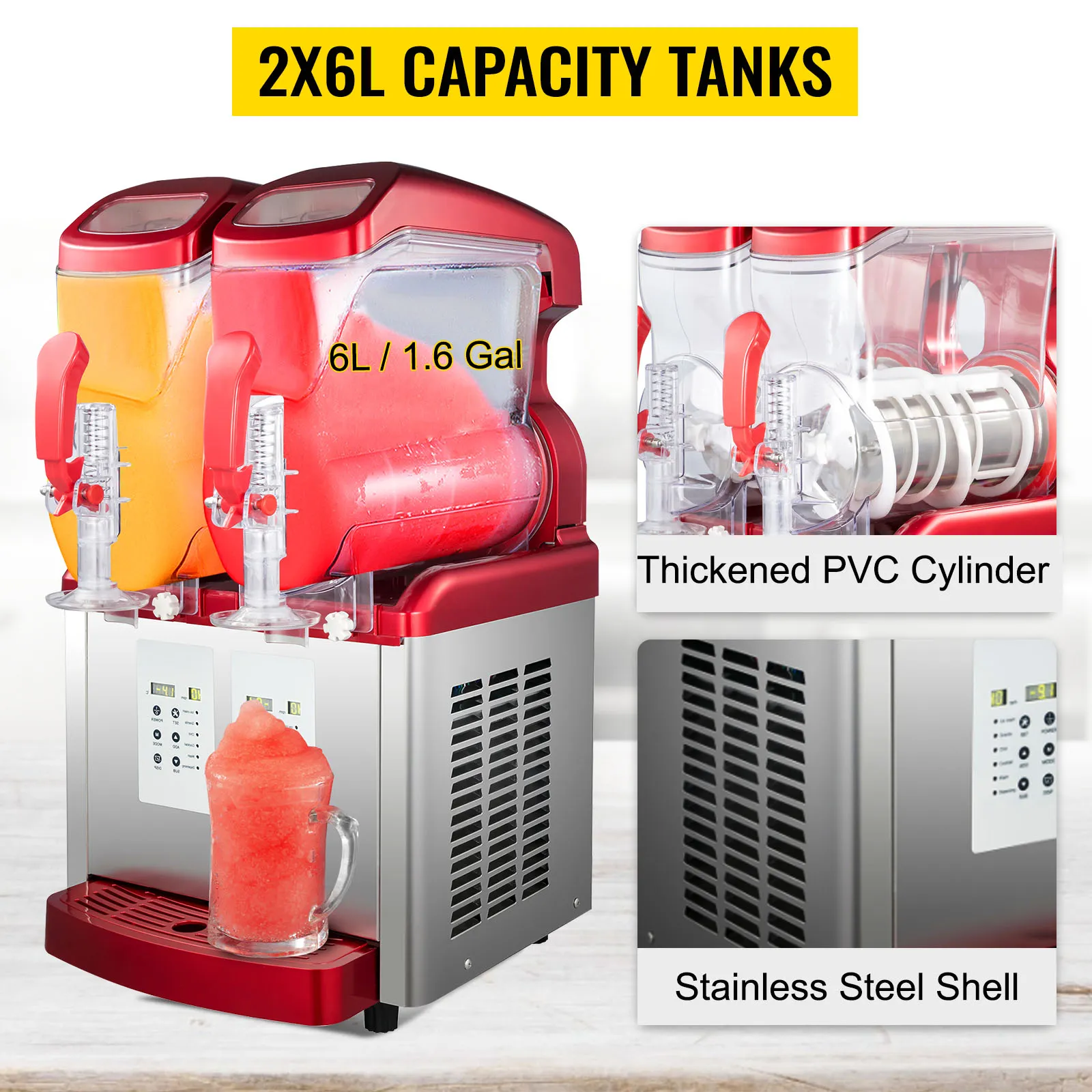 VEVOR Commercial Slushy Machine, 6Lx2/1.6 Galx2 Food-Grade PC Tank ...