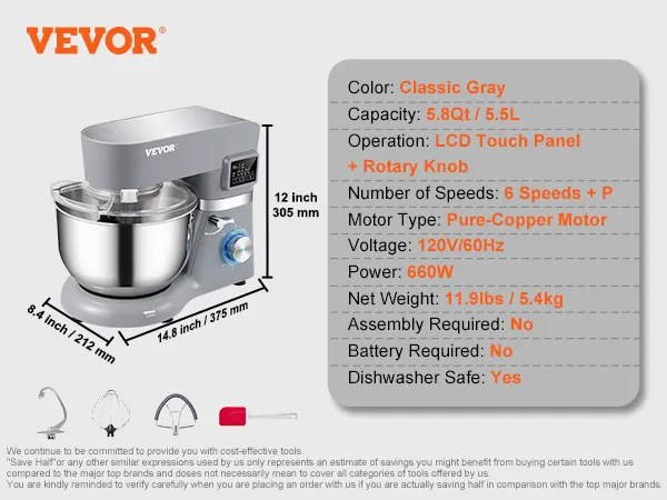 Batidora de pie VEVOR en gris clásico, capacidad de 5,8 qt/5,5 l, panel táctil LCD con perilla giratoria y seis velocidades.
