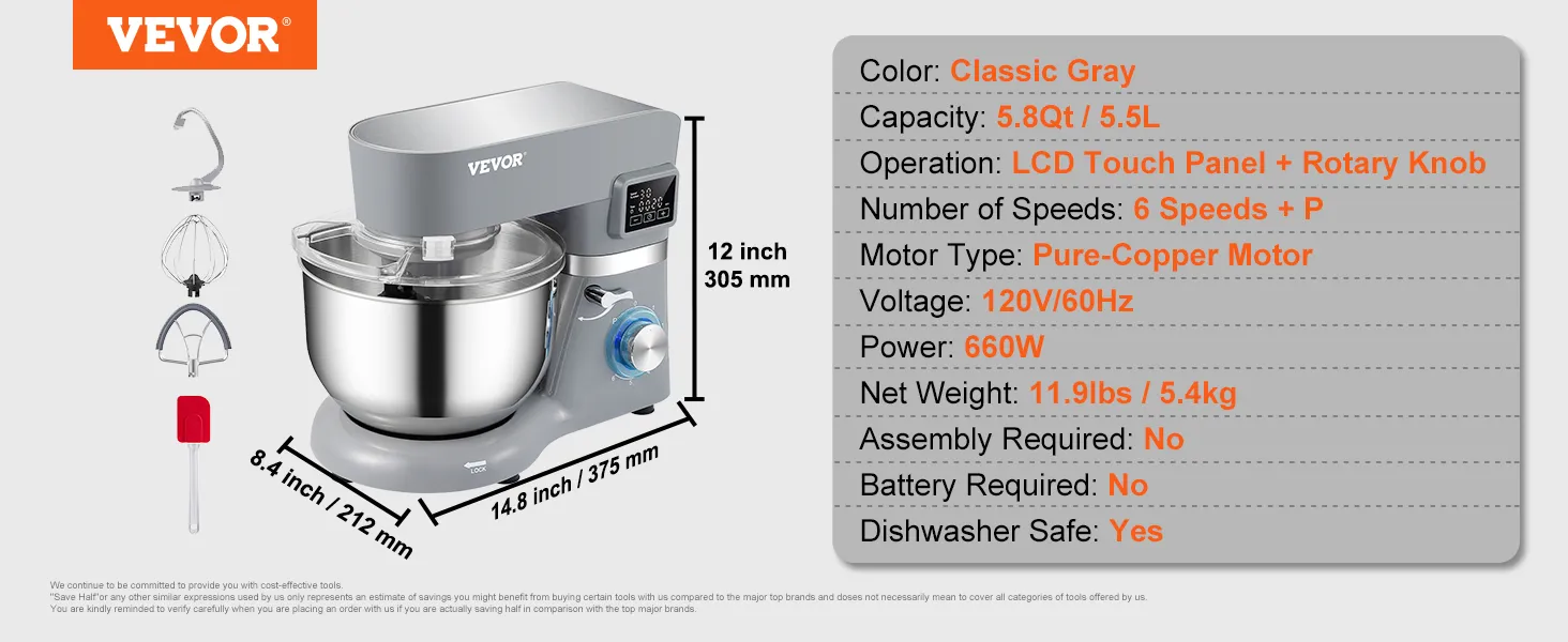 Batidora de pie VEVOR en gris clásico, capacidad de 5,8 qt/5,5 l, panel táctil LCD con perilla giratoria y seis velocidades.