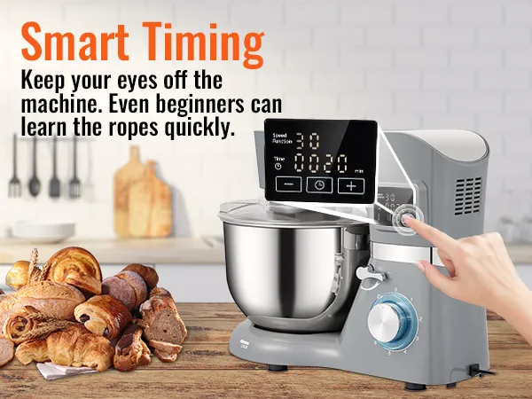 Batidora de pie VEVOR que muestra un temporizador digital, control táctil y pan fresco sobre una encimera de cocina.