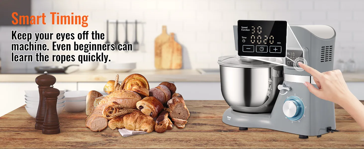 Batidora de pie VEVOR que muestra un temporizador digital, control táctil y pan fresco sobre una encimera de cocina.