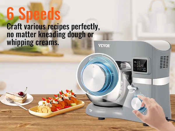 Batidora de pie VEVOR con 6 velocidades, perfecta para amasar o batir crema en un entorno de cocina moderno.
