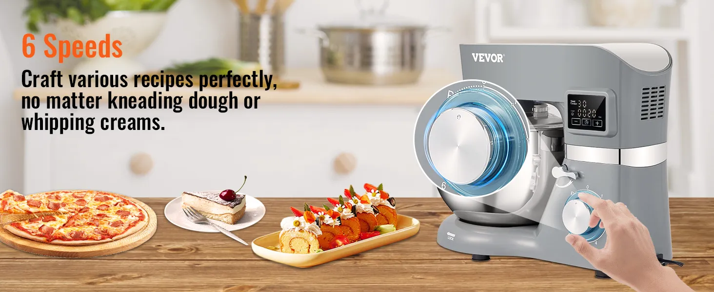 Batidora de pie VEVOR con 6 velocidades, perfecta para amasar o batir crema en un entorno de cocina moderno.
