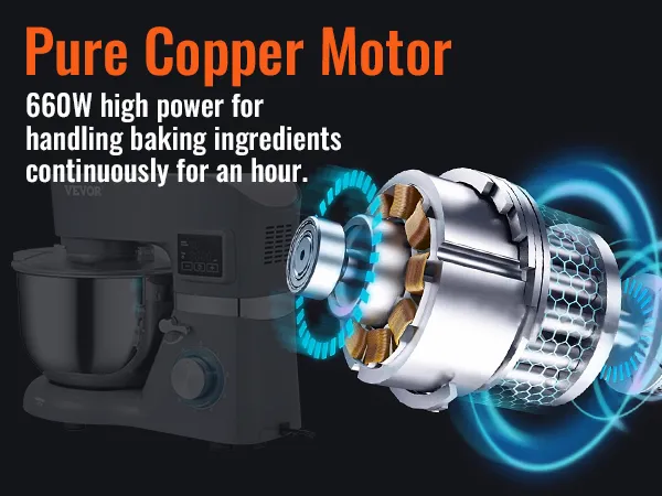 Batidora de pie VEVOR con motor de cobre puro de 660 W, capaz de funcionar de forma continua a alta potencia para hornear.