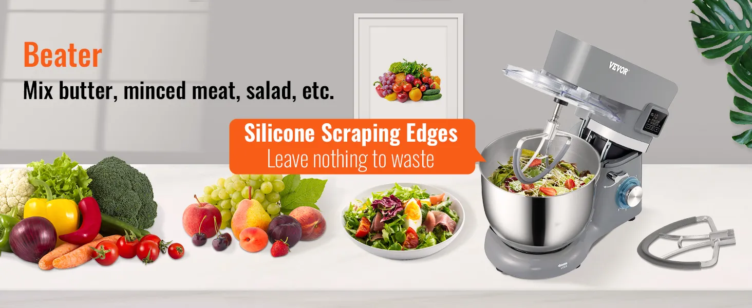 Batidora de pie VEVOR que mezcla ensalada con verduras y frutas, con bordes raspadores de silicona.
