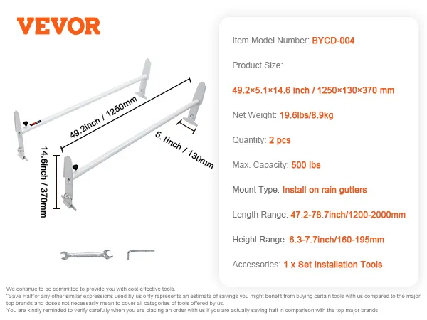 VEVOR van roof ladder rack, model bycd-004: 49.2"x14.6", 500lbs capacity, install on rain gutters.