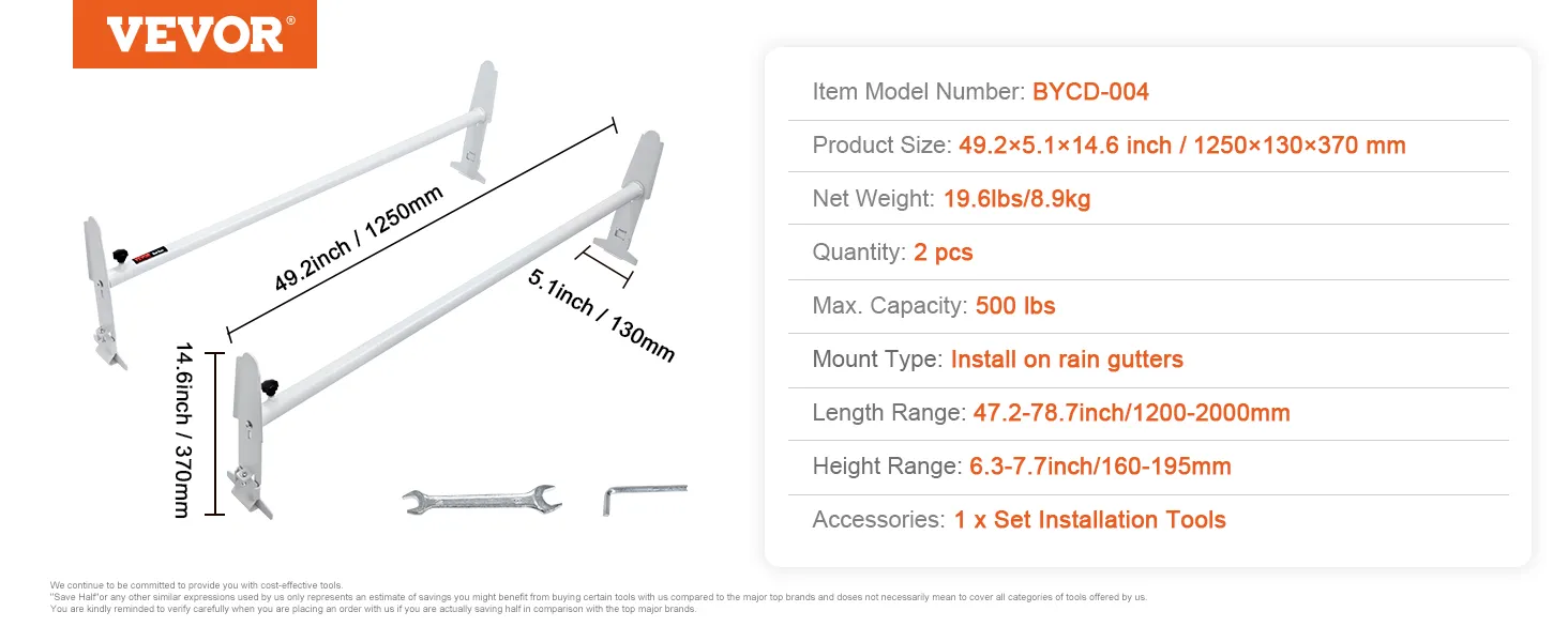 VEVOR van roof ladder rack, model bycd-004: 49.2"x14.6", 500lbs capacity, install on rain gutters.