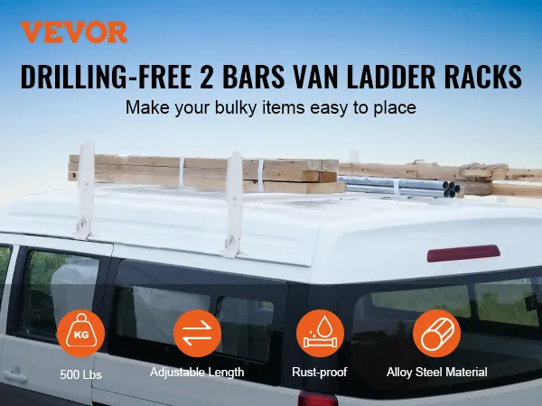 VEVOR van roof ladder rack, drilling-free, 2 bars carrying wood and pipes, 500 lbs capacity, rust-proof.