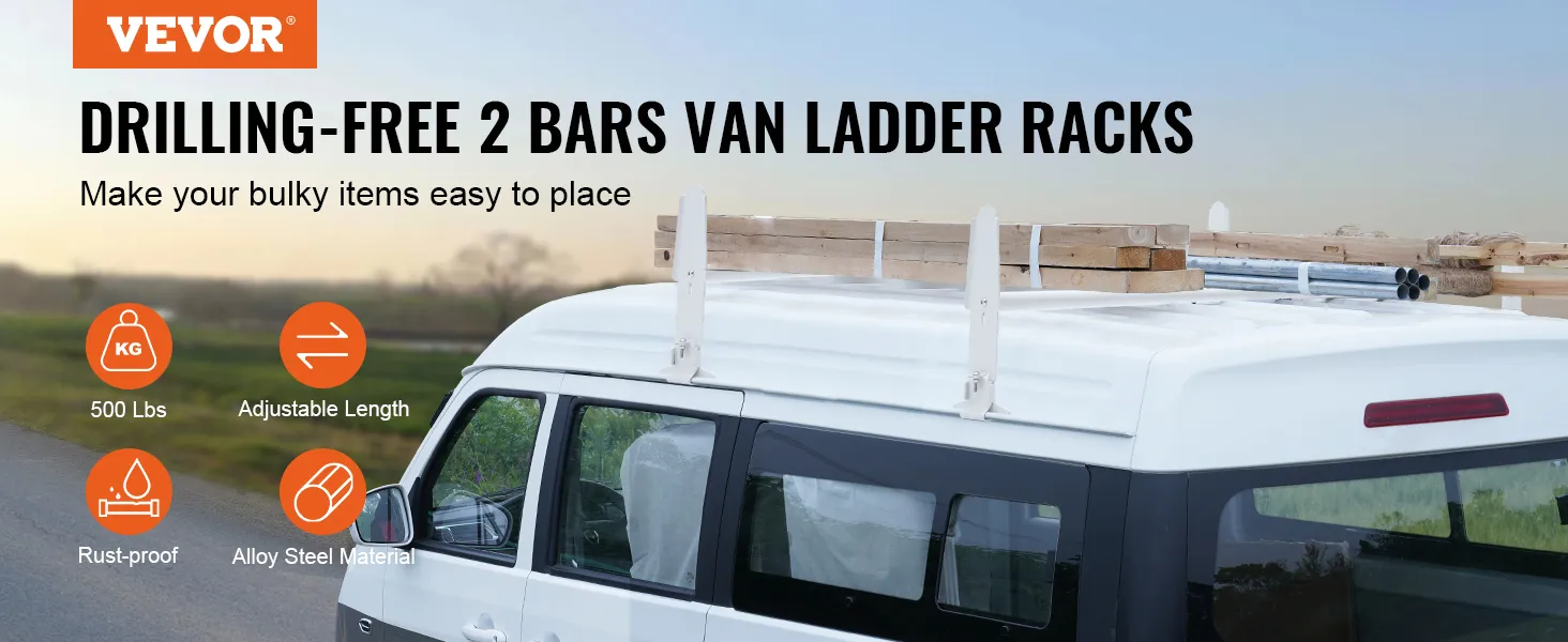 VEVOR van roof ladder rack, drilling-free, 2 bars carrying wood and pipes, 500 lbs capacity, rust-proof.