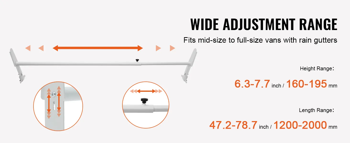 VEVOR van roof ladder rack with wide adjustment range, fits mid to full-size vans, height 160-195mm.
