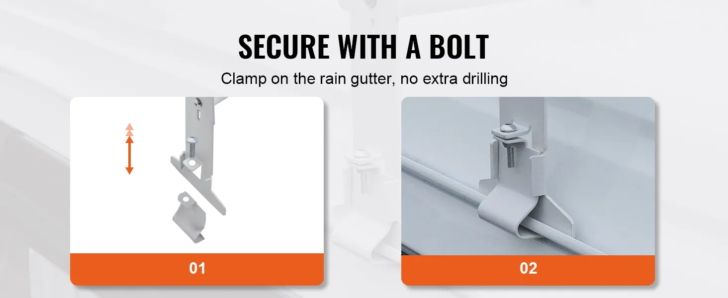 secure VEVOR van roof ladder rack installation with bolt, clamp on rain gutter, no drilling needed.