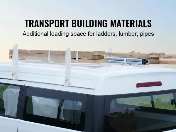 VEVOR roof rack carrying lumber and pipes on white vehicle for building transport.
