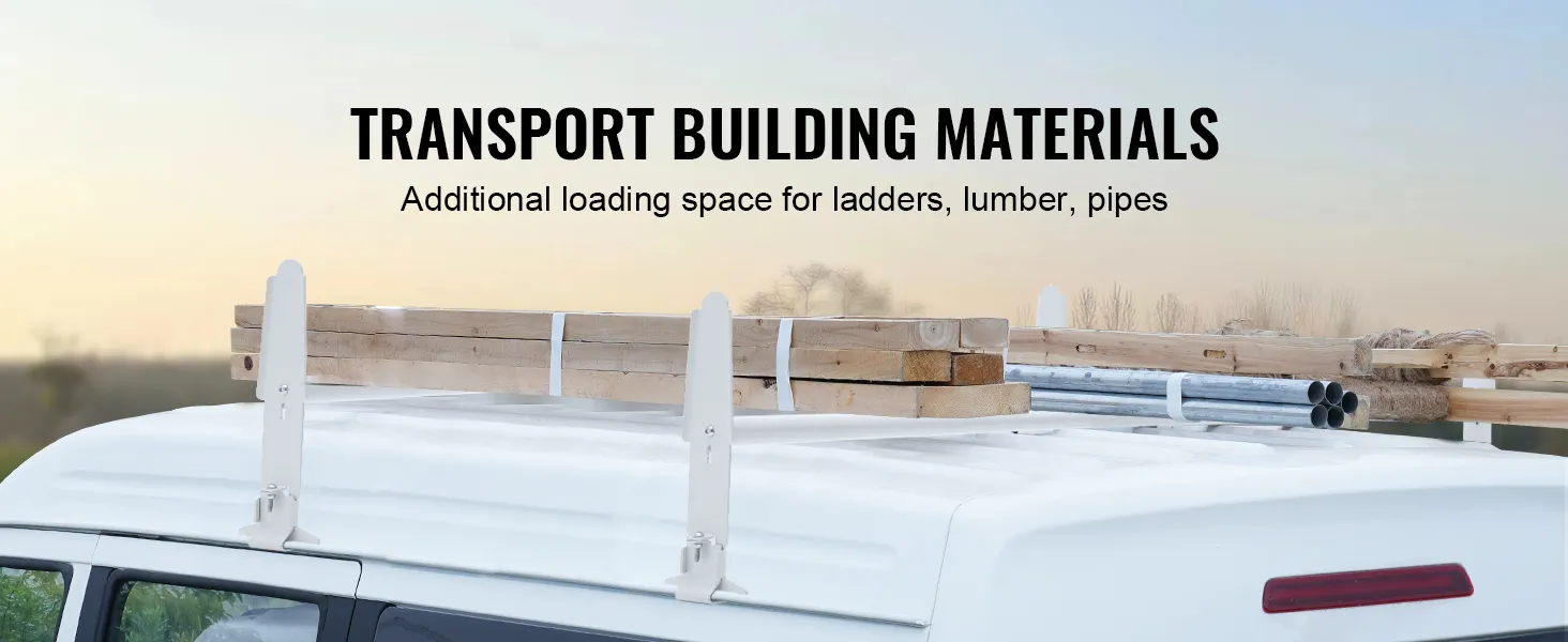 VEVOR roof rack carrying lumber and pipes on white vehicle for building transport.