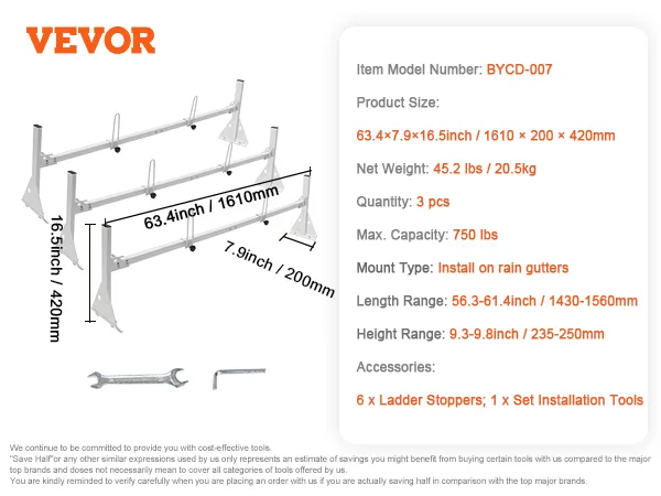 VEVOR van ladder rack with dimensions, weight, capacity, installation type, and included accessories.
