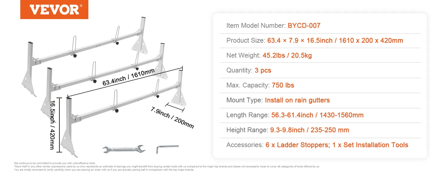 VEVOR van ladder rack with dimensions, weight, capacity, installation type, and included accessories.