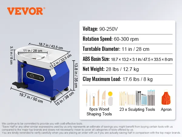 Tornio per ceramica VEVOR da 450 W, piatto girevole da 11 pollici, 28 libbre, velocità di rotazione 60-300 giri/min, include utensili e grembiule.