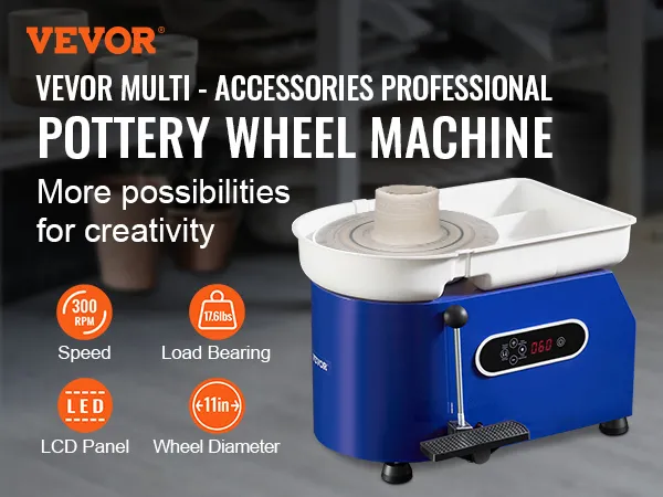 Tornio per ceramica VEVOR da 450 W che mostra velocità, capacità di carico, pannello LCD e diametro della ruota di 11 pollici.