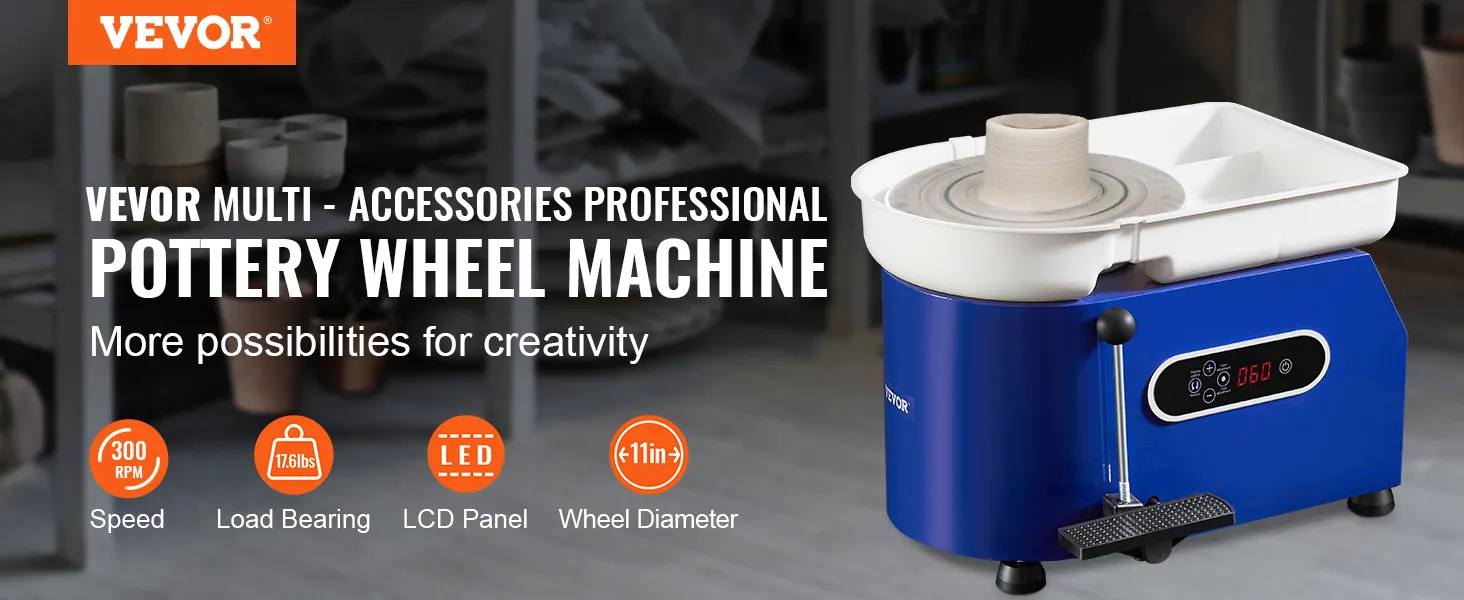 Tornio per ceramica VEVOR da 450 W che mostra velocità, capacità di carico, pannello LCD e diametro della ruota di 11 pollici.