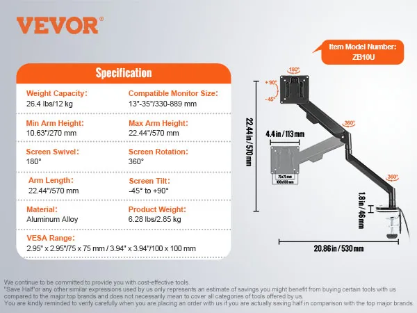 Soporte de monitor VEVOR con capacidad de 26,4 libras, tamaño compatible de 13" a 35", rotación de 360° e inclinación de -45° a +90°.