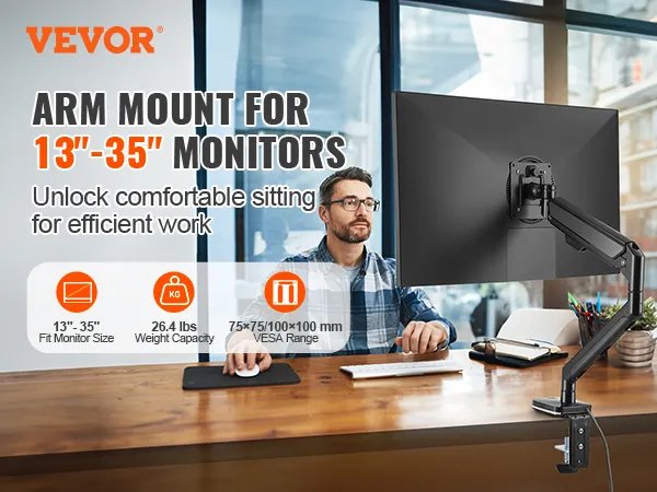 Soporte de monitor VEVOR para pantallas de 13" a 35", que soporta 26,4 libras con rango VESA de 75 x 75/100 x 100 mm, ideal para espacios de trabajo.