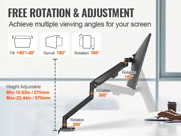 Soporte de monitor VEVOR con altura ajustable, rotación de 360°, giro de 180° e inclinación de ±90° para una visualización óptima.