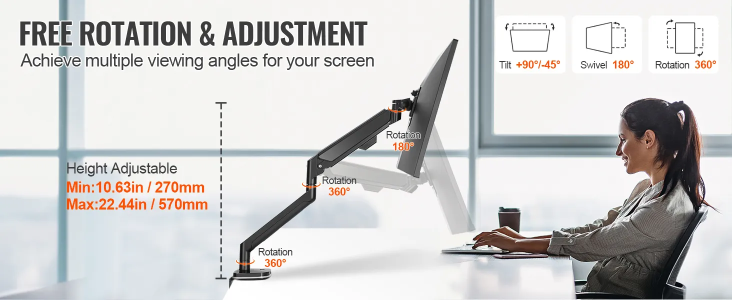 Soporte de monitor VEVOR con altura ajustable, rotación de 360°, giro de 180° e inclinación de ±90° para una visualización óptima.