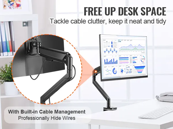Soporte de monitor VEVOR con gestión de cables incorporada, que ordena un espacio de escritorio moderno y organizado.
