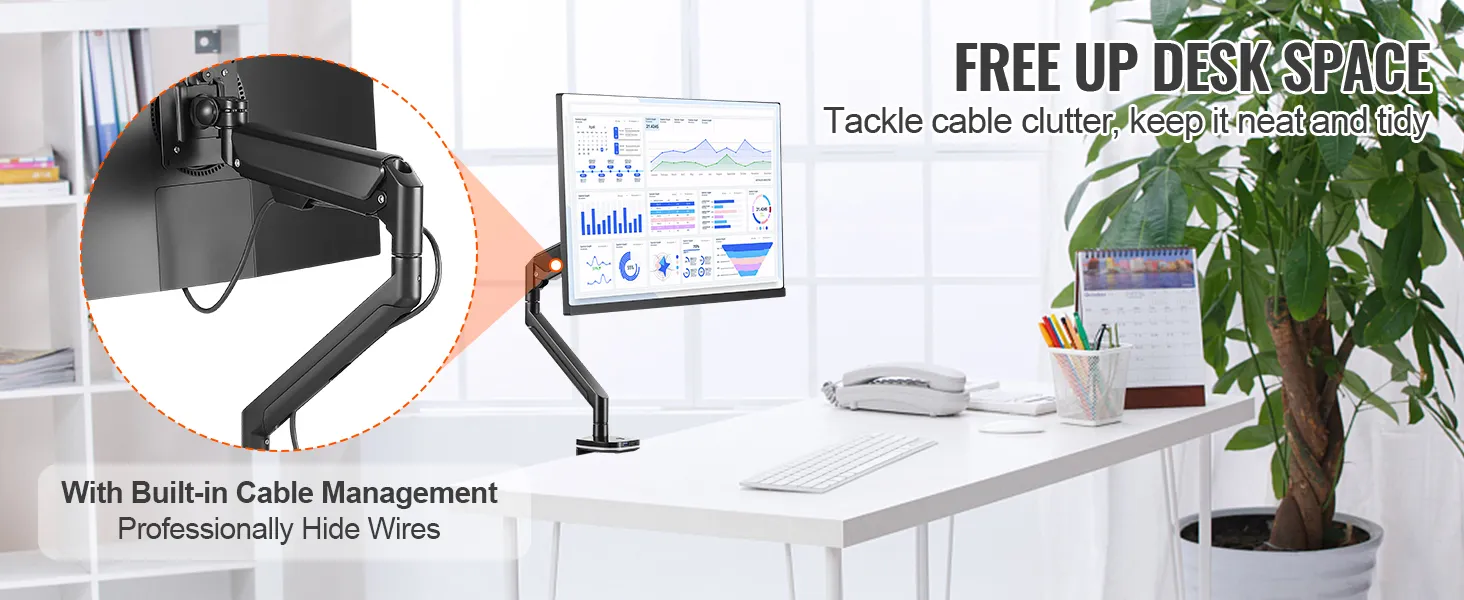 Soporte de monitor VEVOR con gestión de cables incorporada, que ordena un espacio de escritorio moderno y organizado.