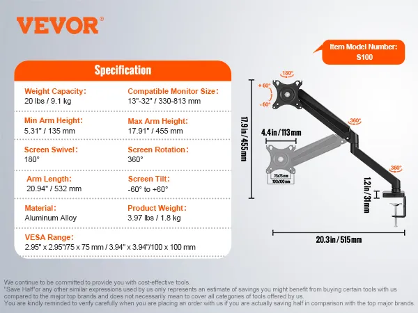 VEVOR monitor mount specifications: 20 lbs capacity, 13"-32" size, 360° rotation, aluminum alloy, vesa range.