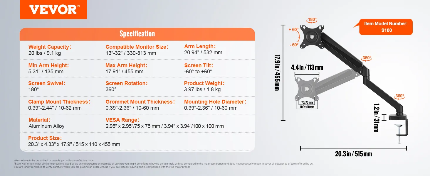 VEVOR monitor mount specifications: 20 lbs capacity, 13"-32" size, 360° rotation, aluminum alloy, vesa range.