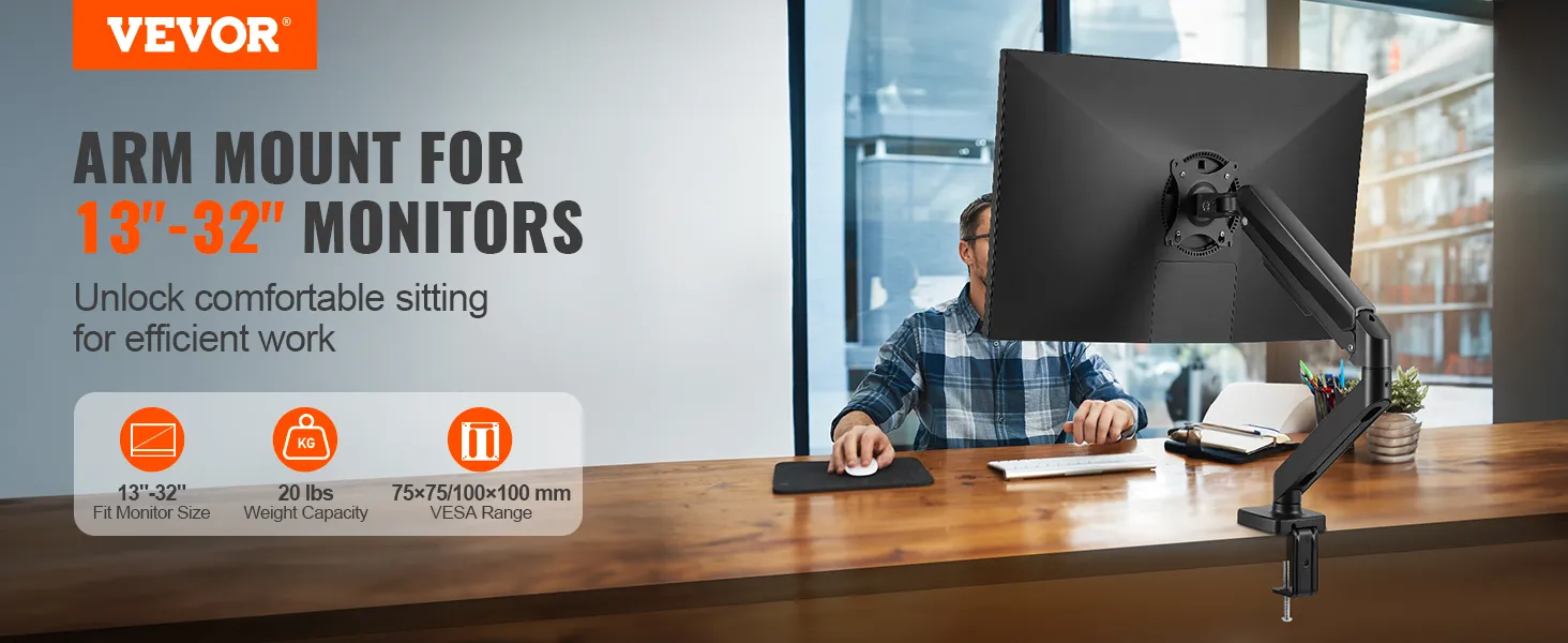 VEVOR monitor mount arm for 13"-32" monitors, enhancing ergonomic sitting for efficient work.